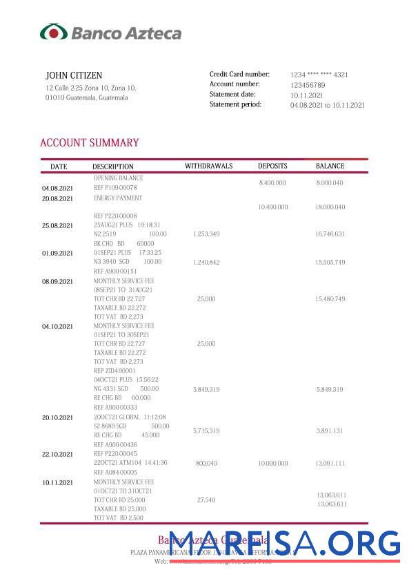 Printable Guatemala Azteca bank statement word template